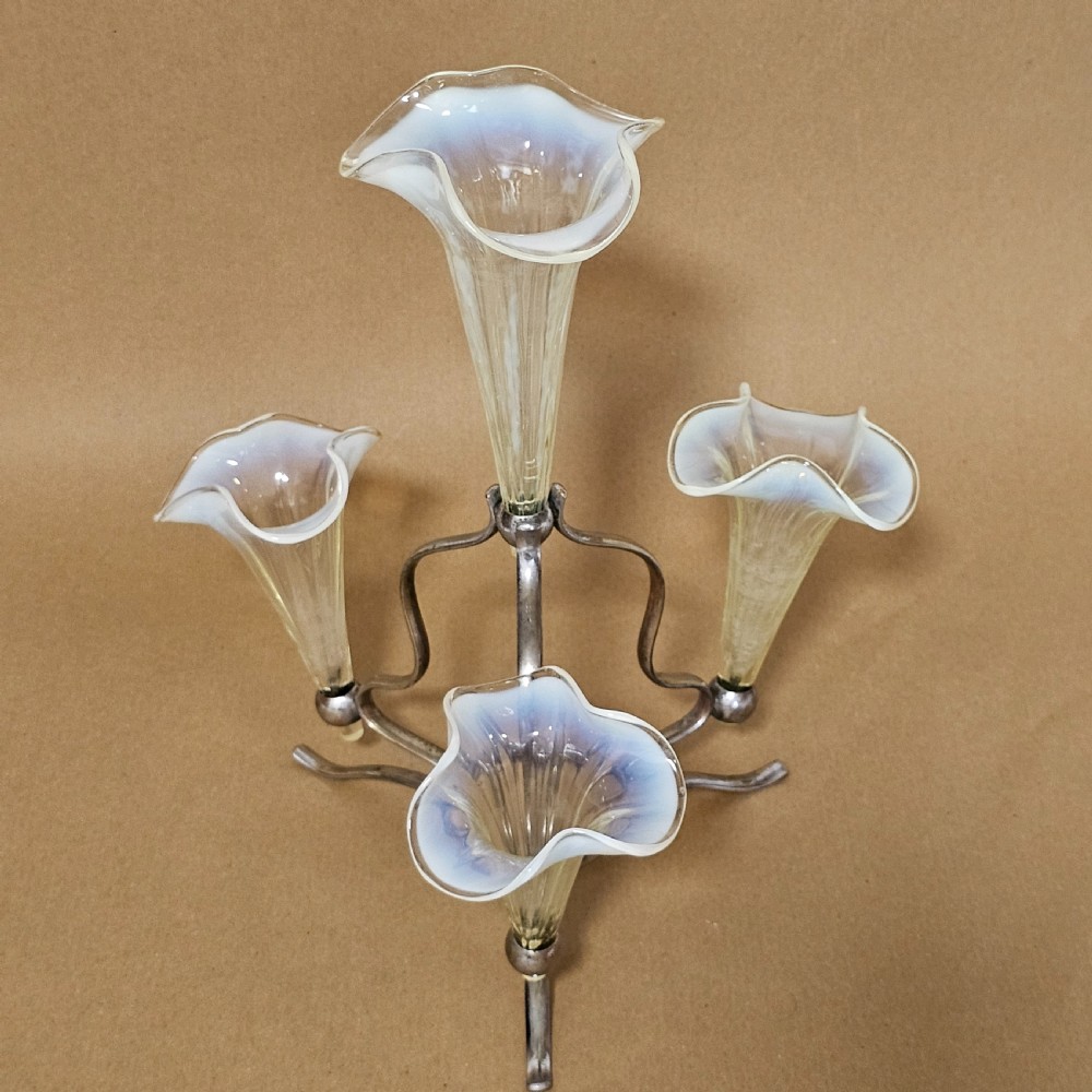 Stunning Victorian 1890S Quadruple Glass Epergne Vase With A Silver Plated Base/Holder And Four Uranium Glass Vases View III