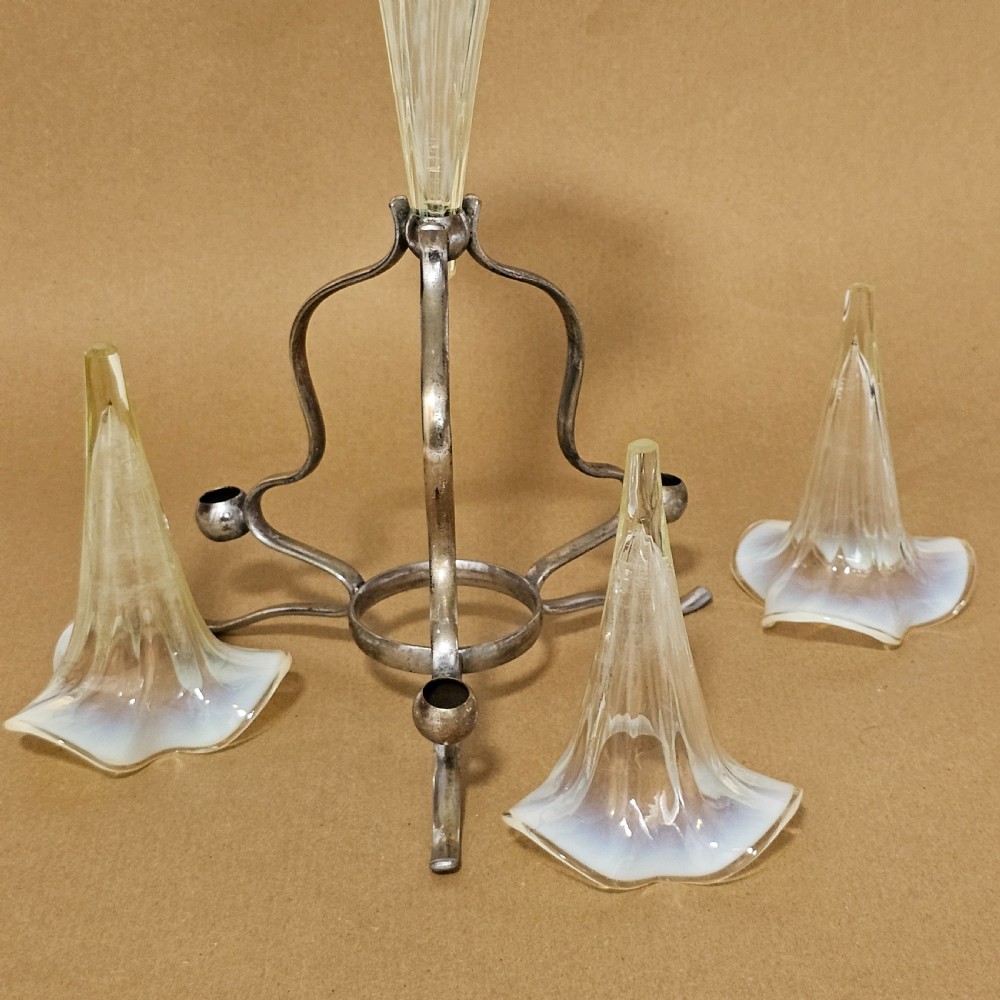 Stunning Victorian 1890S Quadruple Glass Epergne Vase With A Silver Plated Base/Holder And Four Uranium Glass Vases View IV