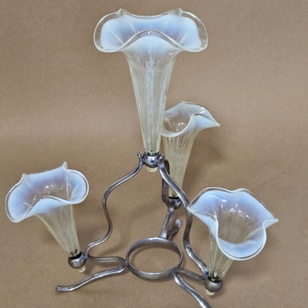 Stunning Victorian 1890S Quadruple Glass Epergne Vase With A Silver Plated Base/Holder And Four Uranium Glass Vases View IX