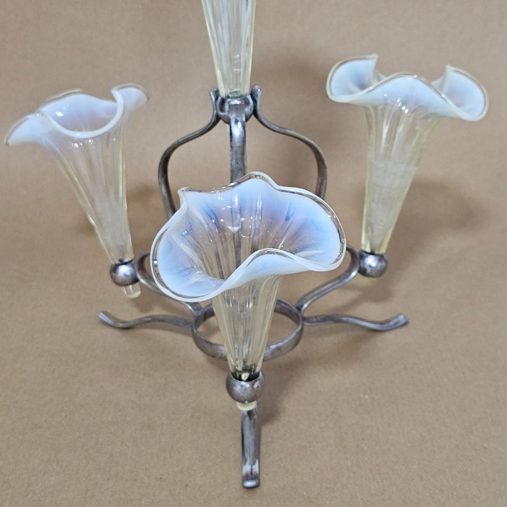 Stunning Victorian 1890S Quadruple Glass Epergne Vase With A Silver Plated Base/Holder And Four Uranium Glass Vases View X