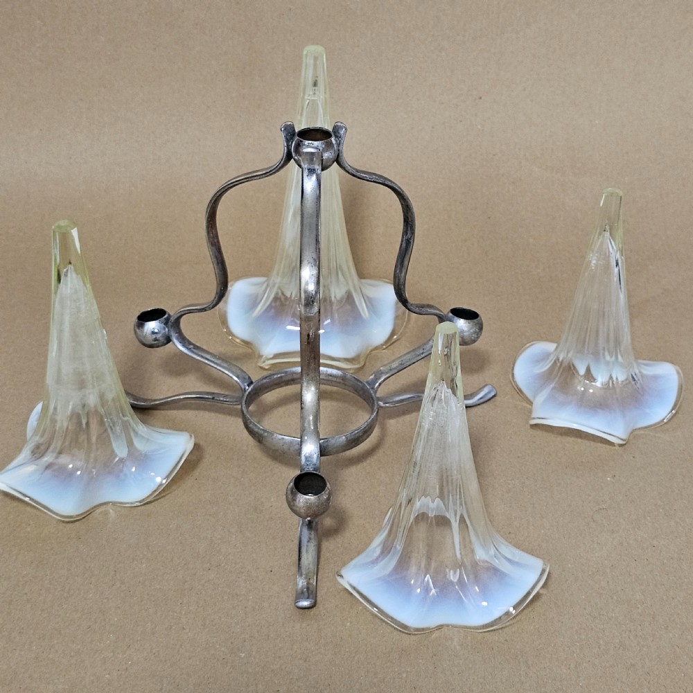 Stunning Victorian 1890S Quadruple Glass Epergne Vase With A Silver Plated Base/Holder And Four Uranium Glass Vases View XII
