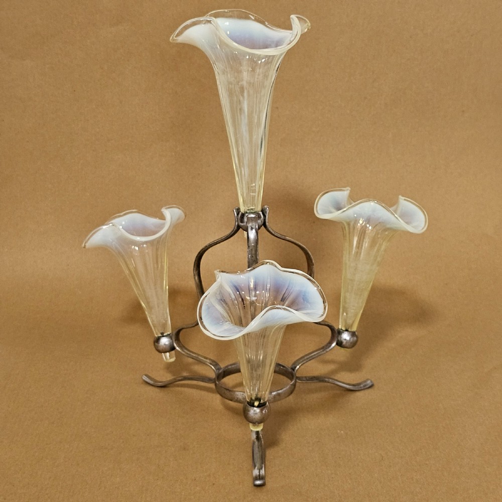 Stunning Victorian 1890S Quadruple Glass Epergne Vase With A Silver Plated Base/Holder And Four Uranium Glass Vases View XIII