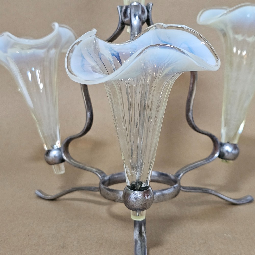 Stunning Victorian 1890S Quadruple Glass Epergne Vase With A Silver Plated Base/Holder And Four Uranium Glass Vases View XIV