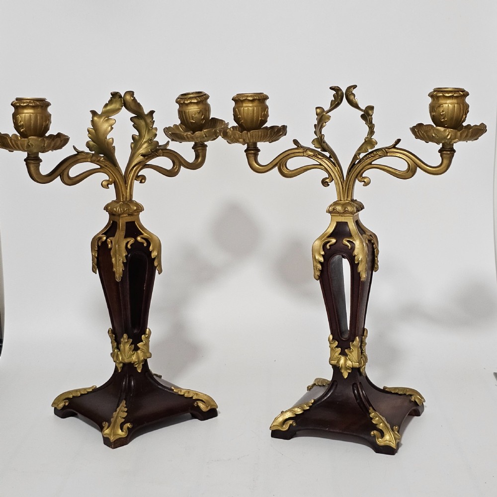 Antique Art Nouveau Jugendstil ~1920 Bronze Gilt & Walnut Candelabra