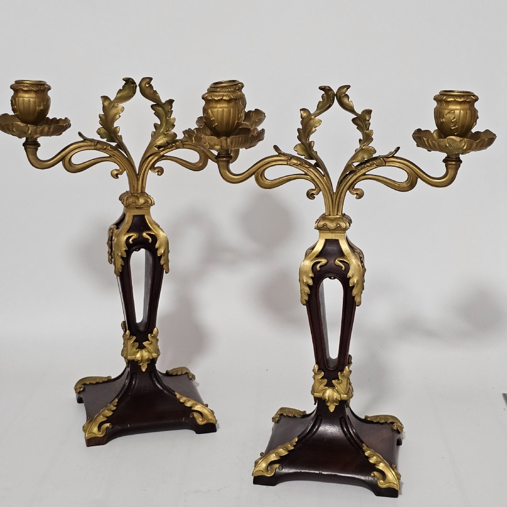 Antique Art Nouveau Jugendstil ~1920 Bronze Gilt & Walnut Candelabra View II