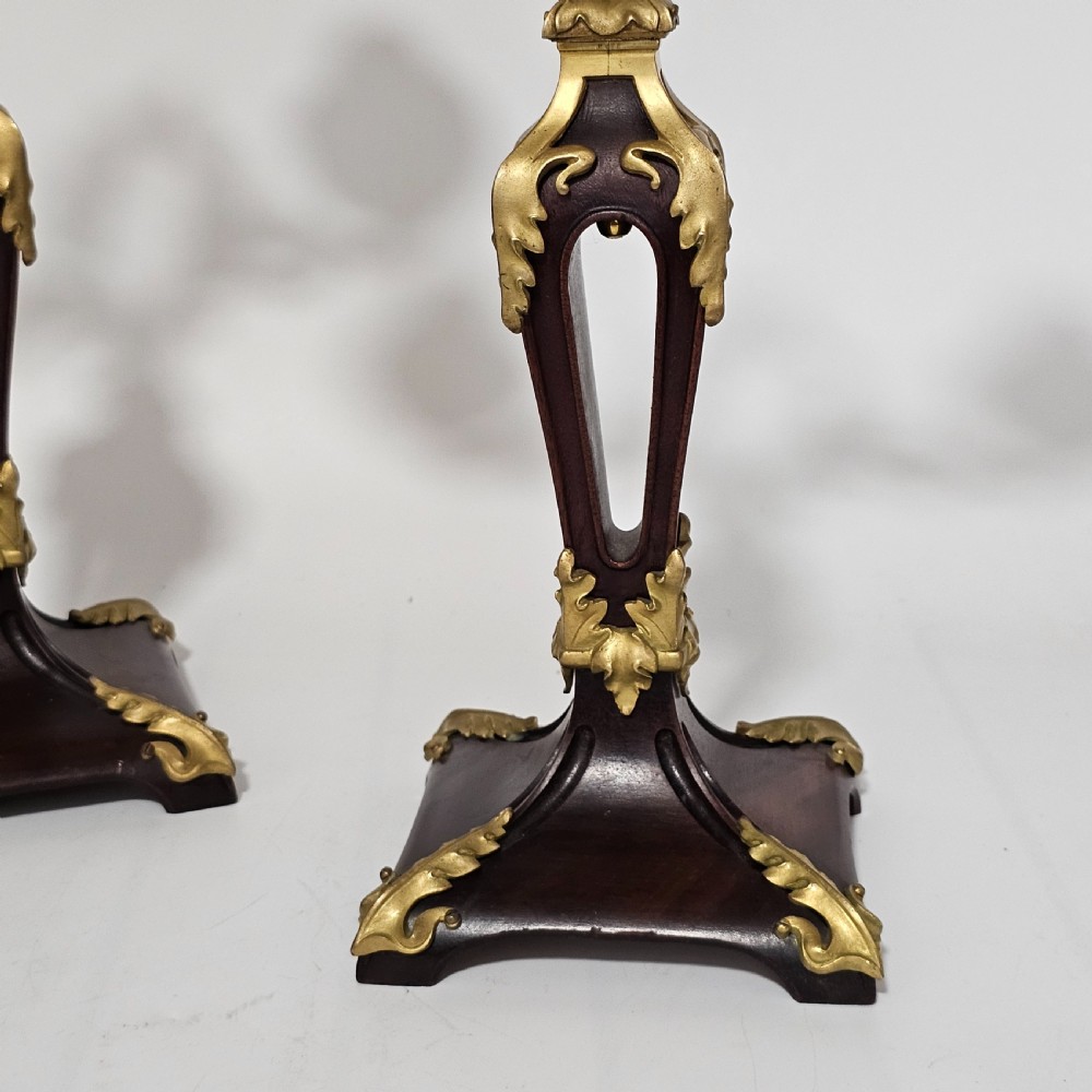 Antique Art Nouveau Jugendstil ~1920 Bronze Gilt & Walnut Candelabra View III
