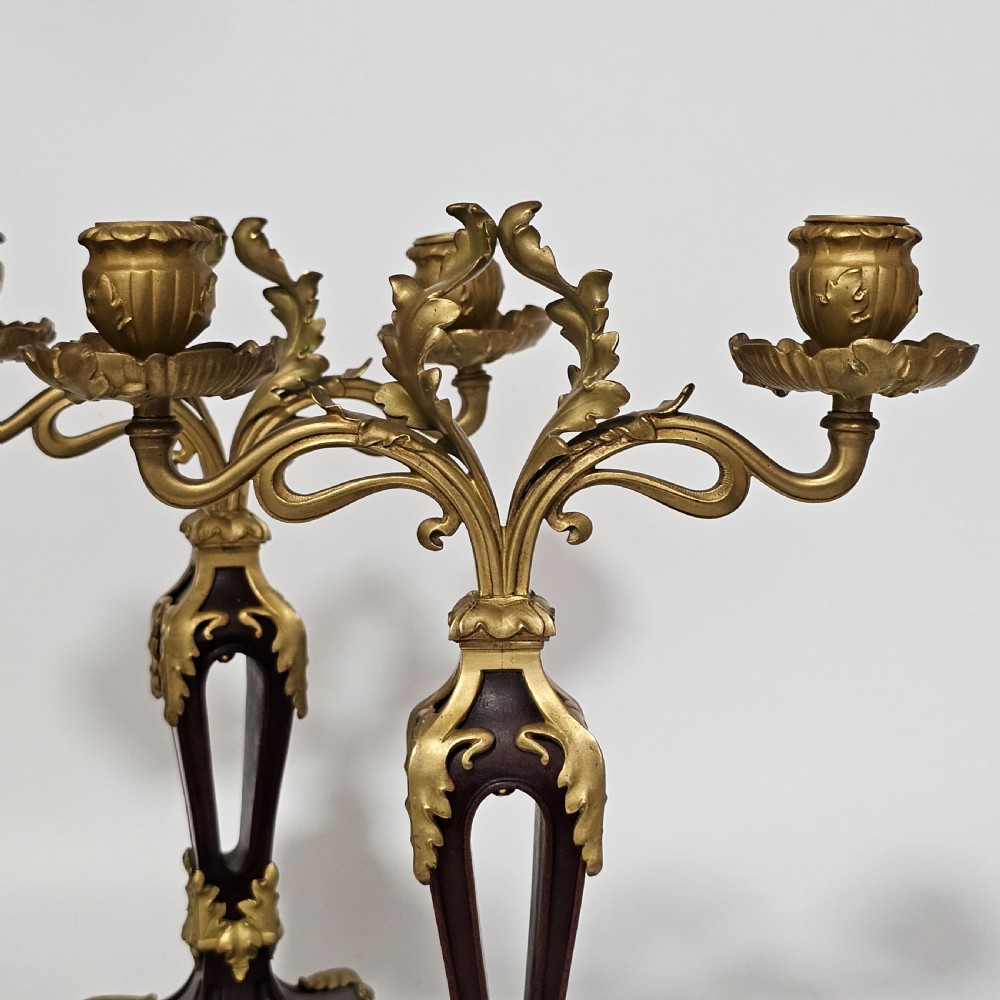 Antique Art Nouveau Jugendstil ~1920 Bronze Gilt & Walnut Candelabra View V