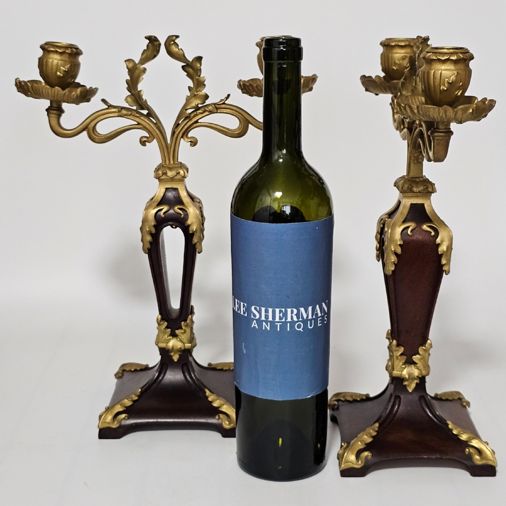 Antique Art Nouveau Jugendstil ~1920 Bronze Gilt & Walnut Candelabra View X