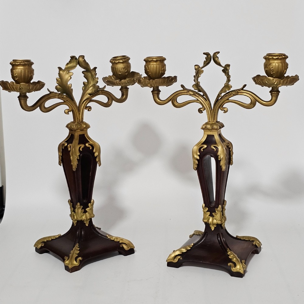 Antique Art Nouveau Jugendstil ~1920 Bronze Gilt & Walnut Candelabra View XV