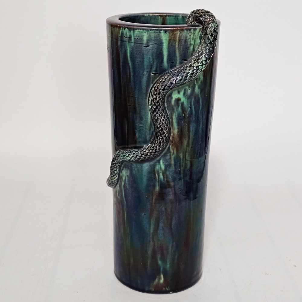 Fine Unusual Large European Majolica Serpent Cylindrical vase c1900