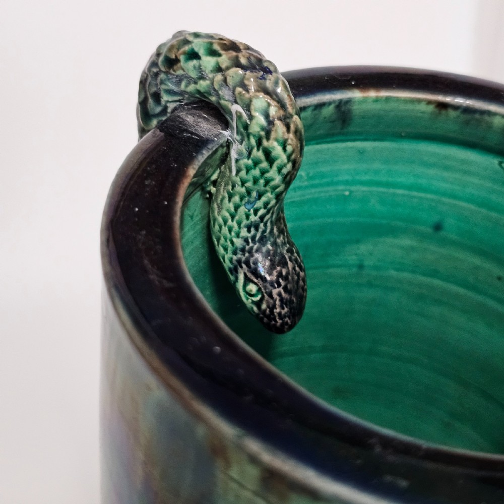 Fine Unusual Large European Majolica Serpent Cylindrical vase c1900 View III