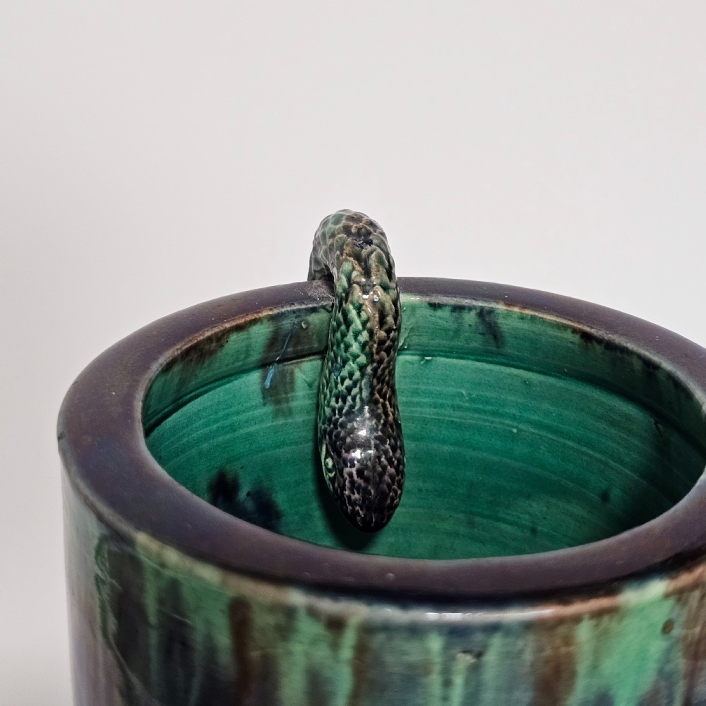Fine Unusual Large European Majolica Serpent Cylindrical vase c1900 View IV