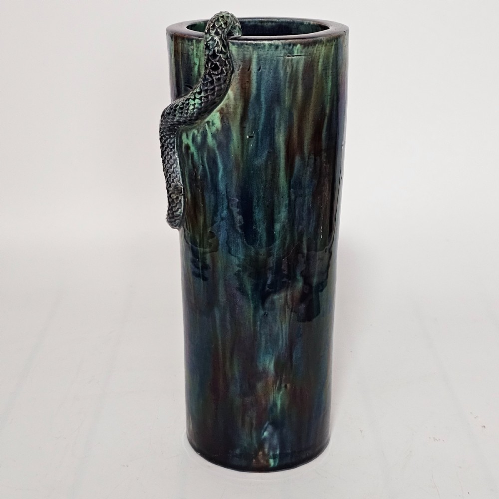 Fine Unusual Large European Majolica Serpent Cylindrical vase c1900 View V