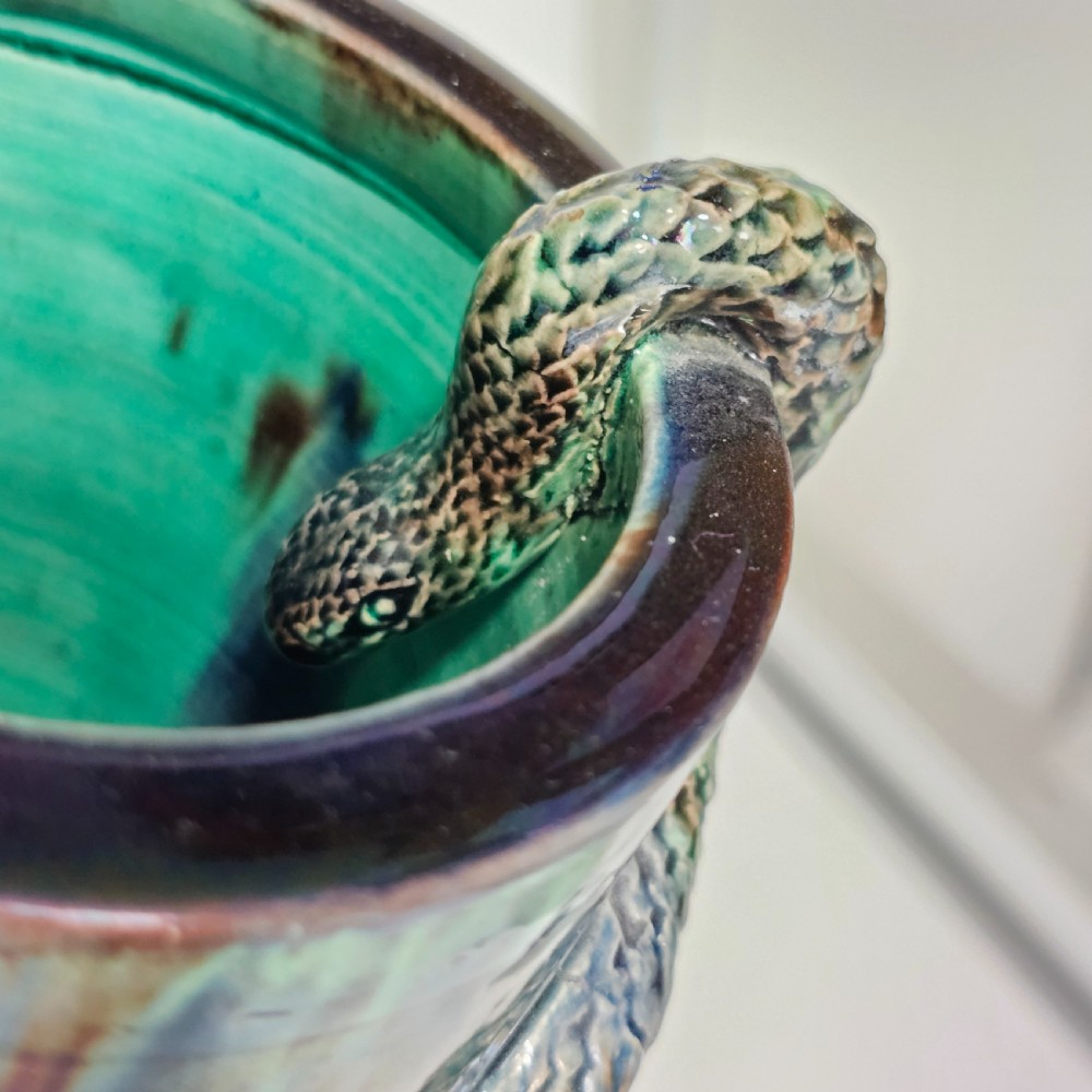 Fine Unusual Large European Majolica Serpent Cylindrical vase c1900 View VII