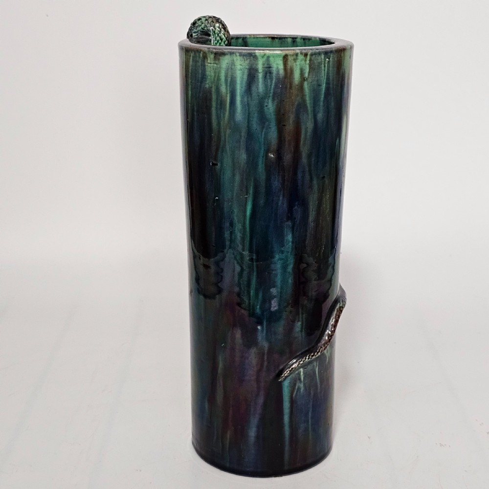 Fine Unusual Large European Majolica Serpent Cylindrical vase c1900 View IX