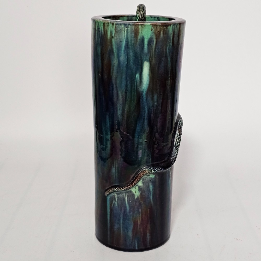 Fine Unusual Large European Majolica Serpent Cylindrical vase c1900 View X