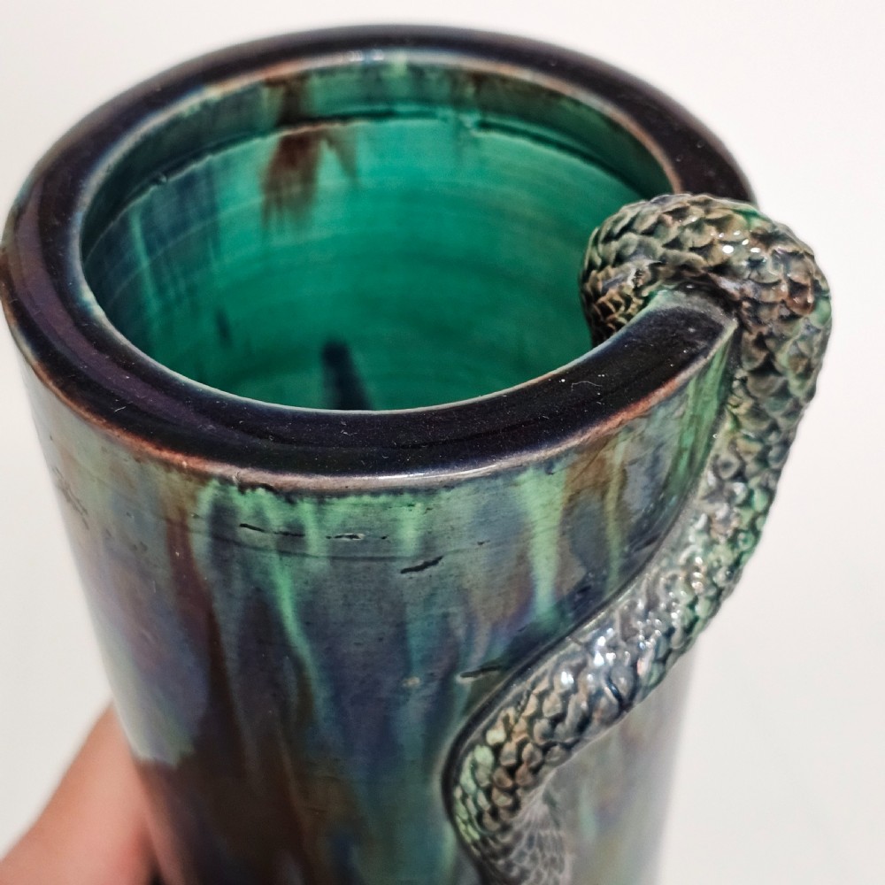 Fine Unusual Large European Majolica Serpent Cylindrical vase c1900 View XI