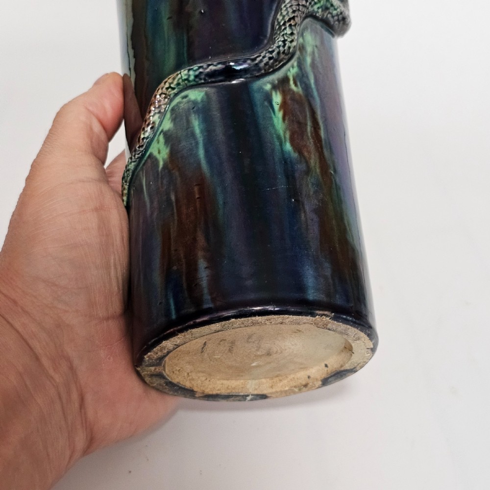 Fine Unusual Large European Majolica Serpent Cylindrical vase c1900 View XII