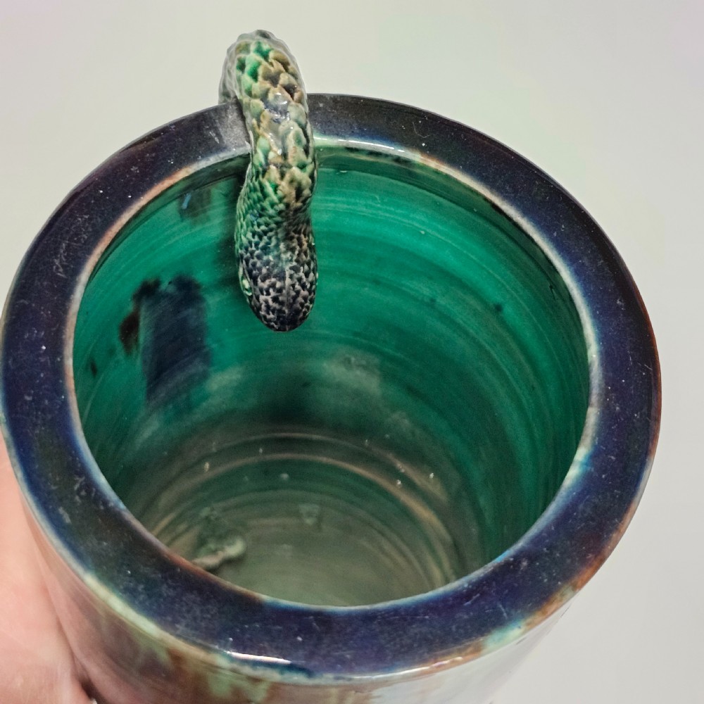 Fine Unusual Large European Majolica Serpent Cylindrical vase c1900 View XIV