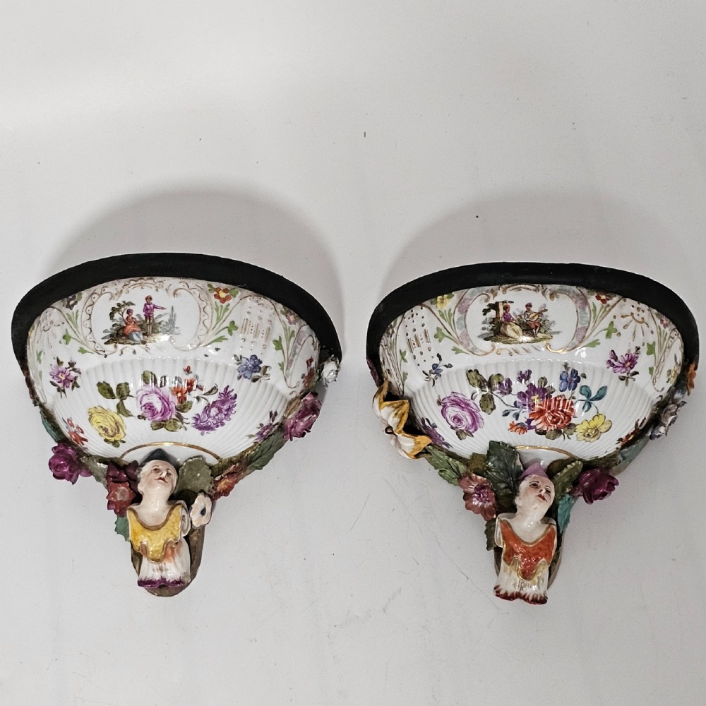 Pair of Wall Brackets Meissen Style Porcelain & Wood 19th C Hand Decorated Victorian