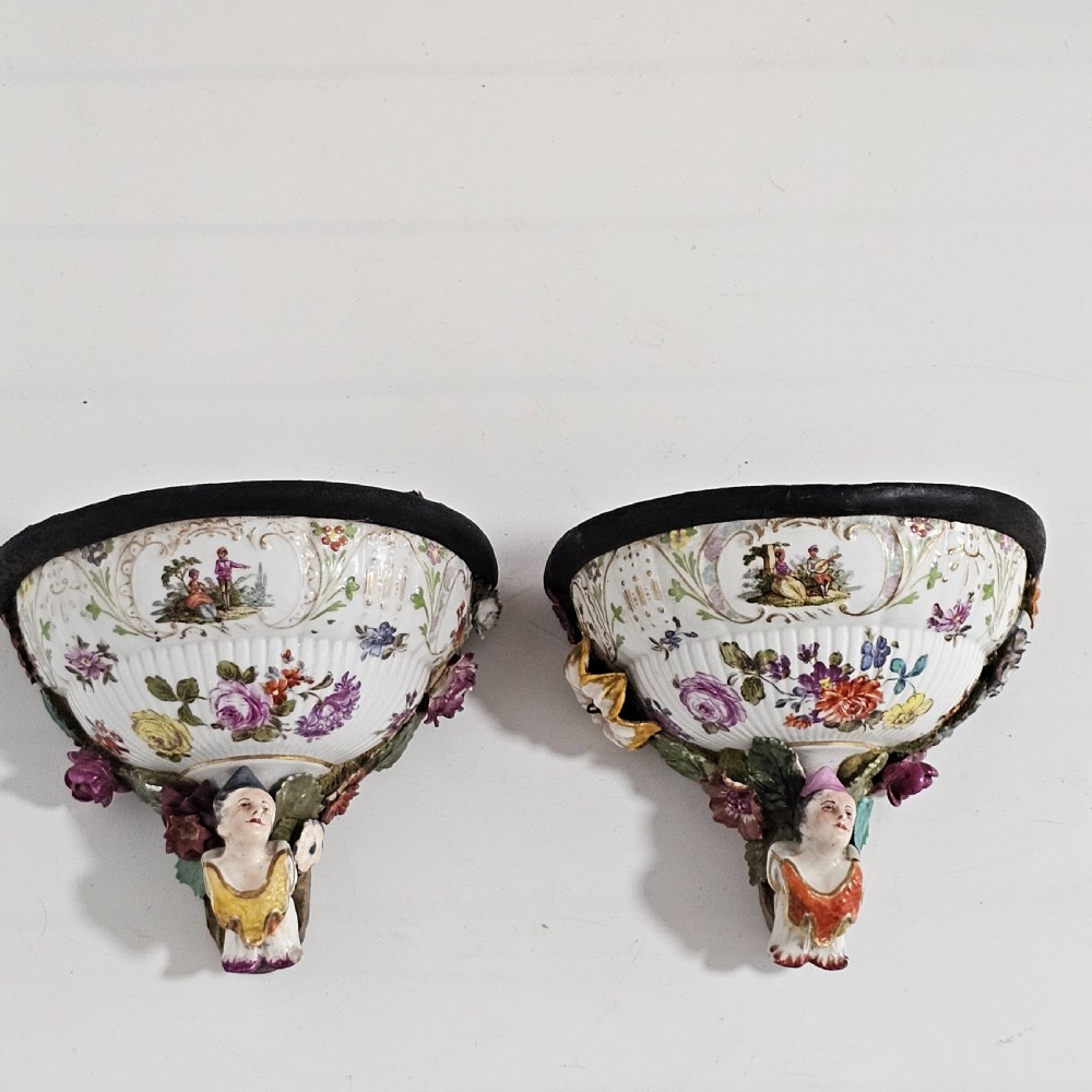 Pair of Wall Brackets Meissen Style Porcelain & Wood 19th C Hand Decorated Victorian View II