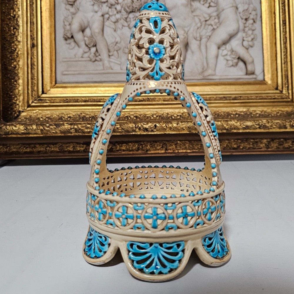 A Rare Reticulated Hungarian Zsolnay Pecs Pottery Basket c1885-1887
