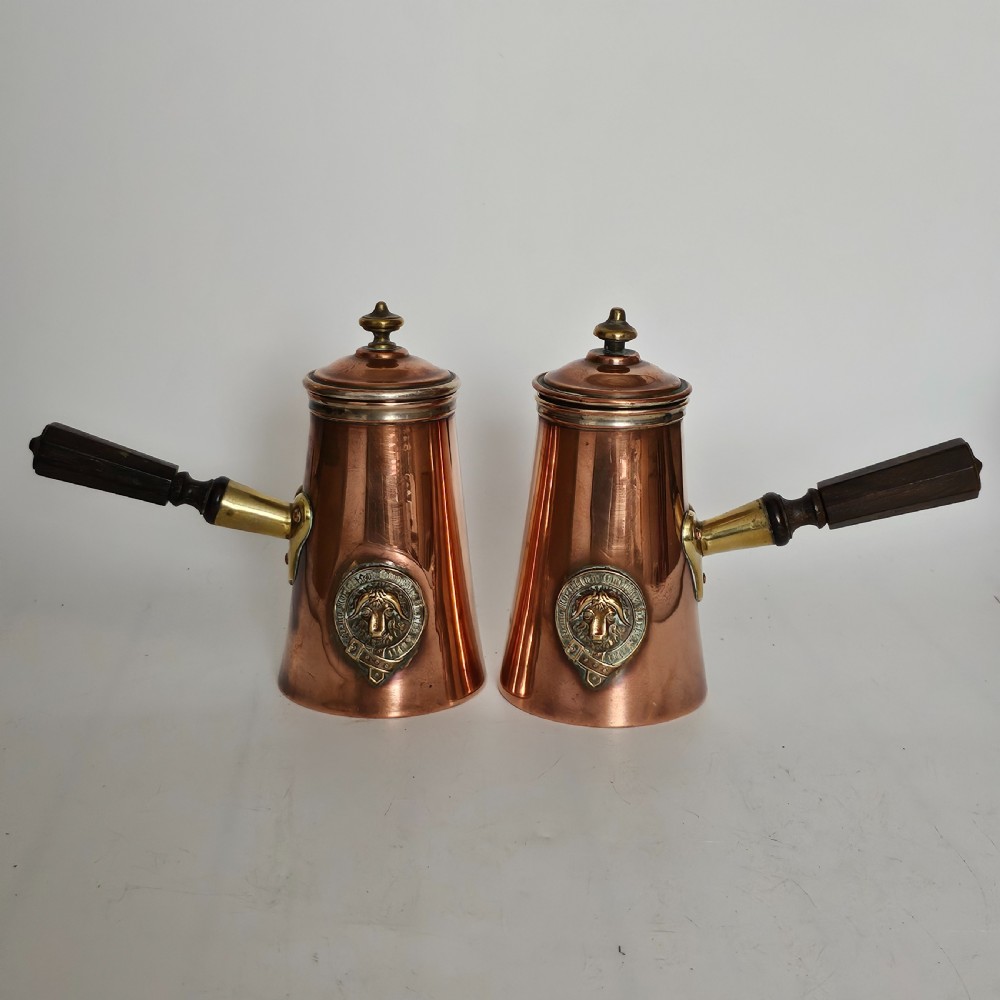 Antique Pair of Copper Chocolate Pots with Applied Brass Motifs