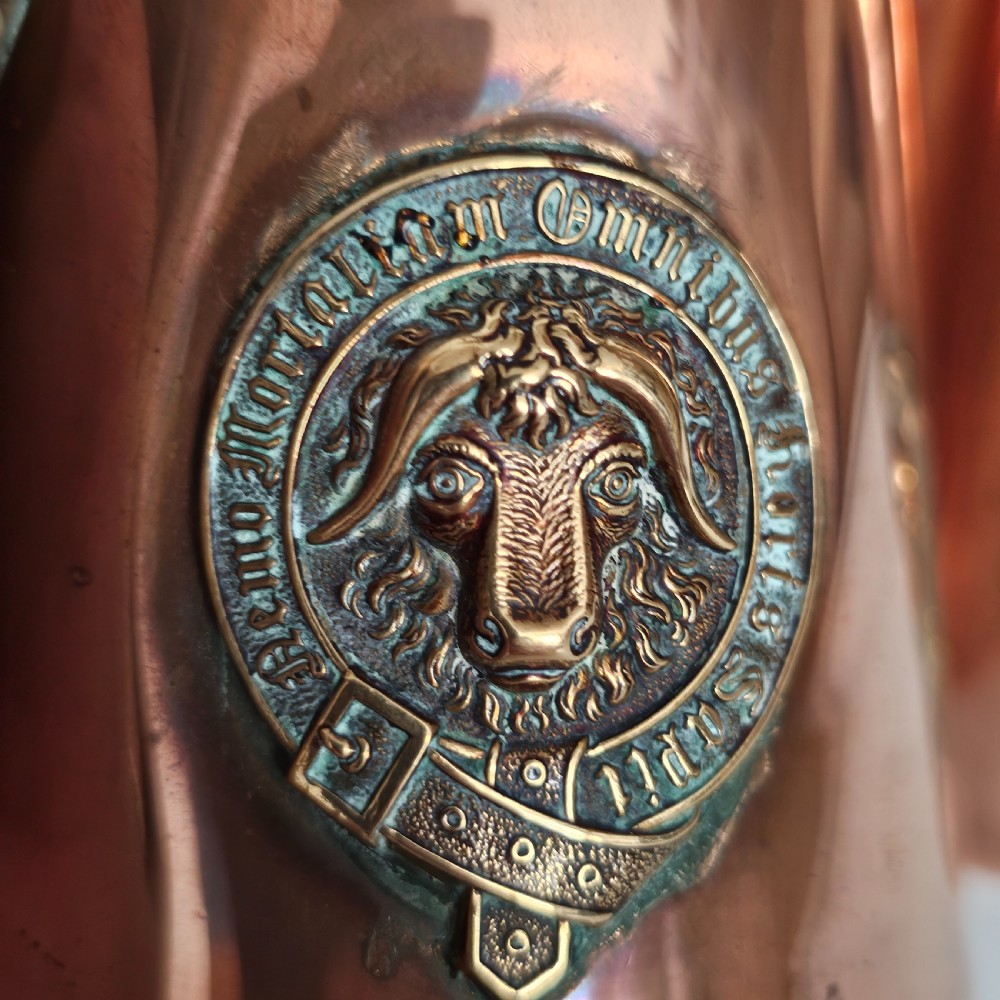 Antique Pair of Copper Chocolate Pots with Applied Brass Motifs