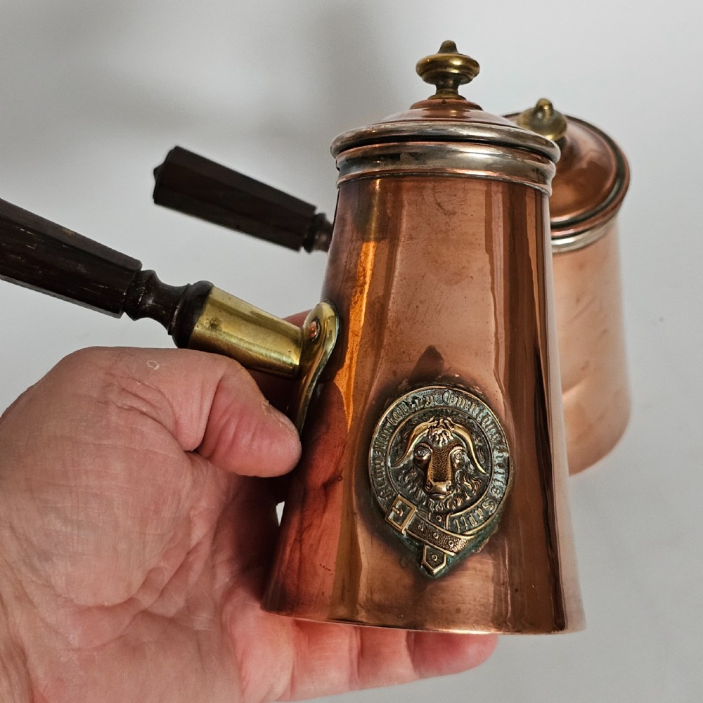 Antique Pair of Copper Chocolate Pots with Applied Brass Motifs