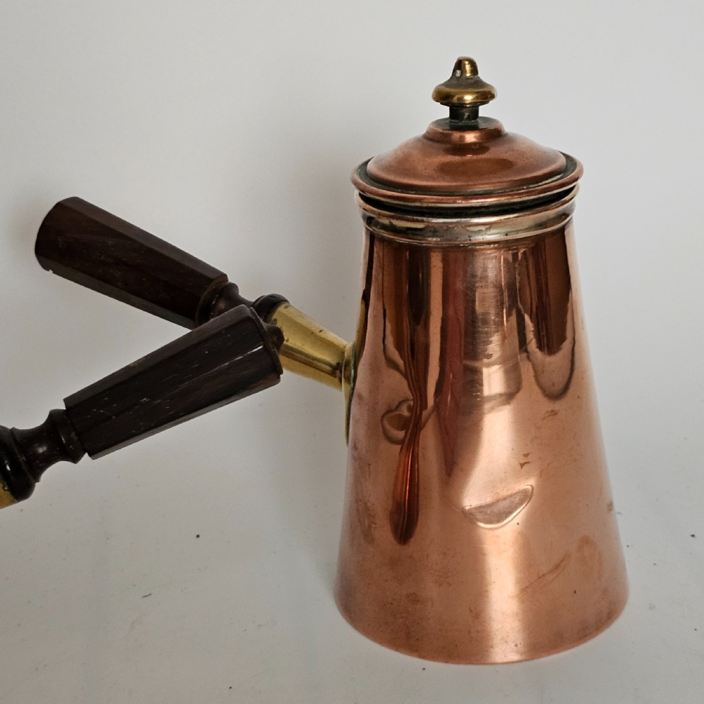 Antique Pair of Copper Chocolate Pots with Applied Brass Motifs