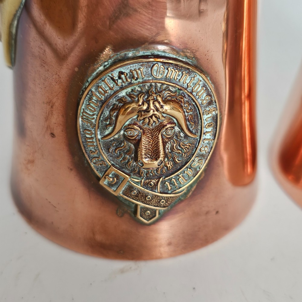 Antique Pair of Copper Chocolate Pots with Applied Brass Motifs
