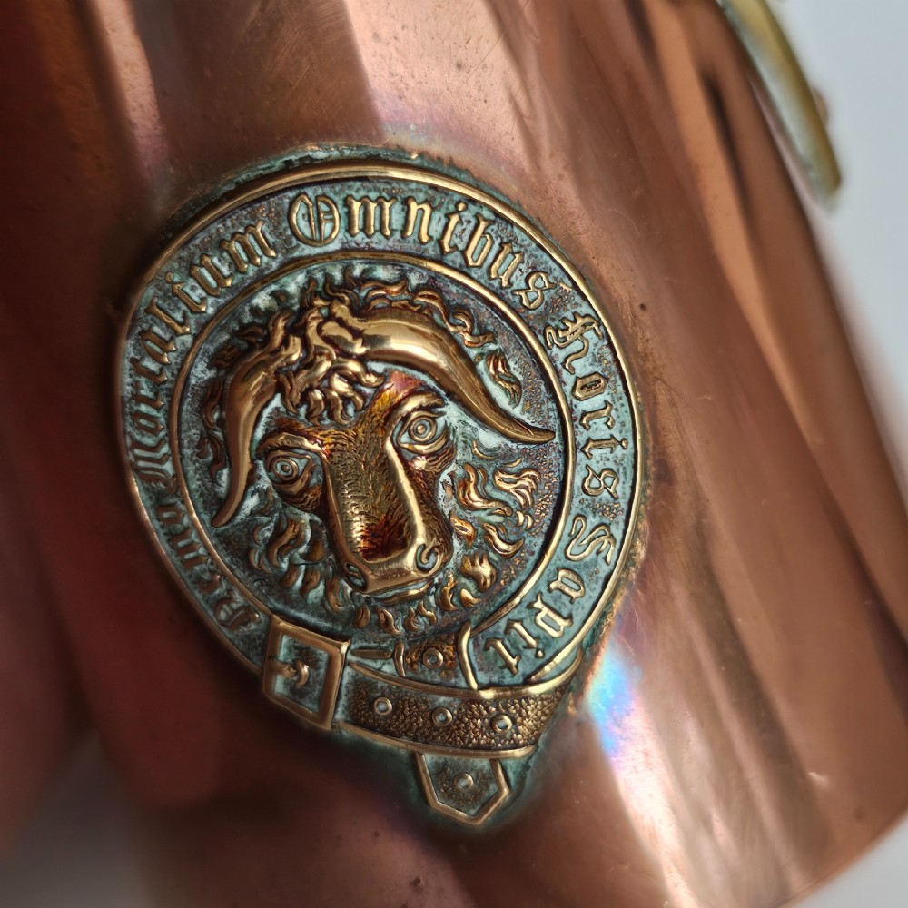 Antique Pair of Copper Chocolate Pots with Applied Brass Motifs