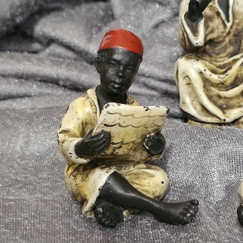 Cold-Painted Bronze Figurines – Arabian Scholars & Teacher Trio (Stamped “B” for Franz Bergman) View III