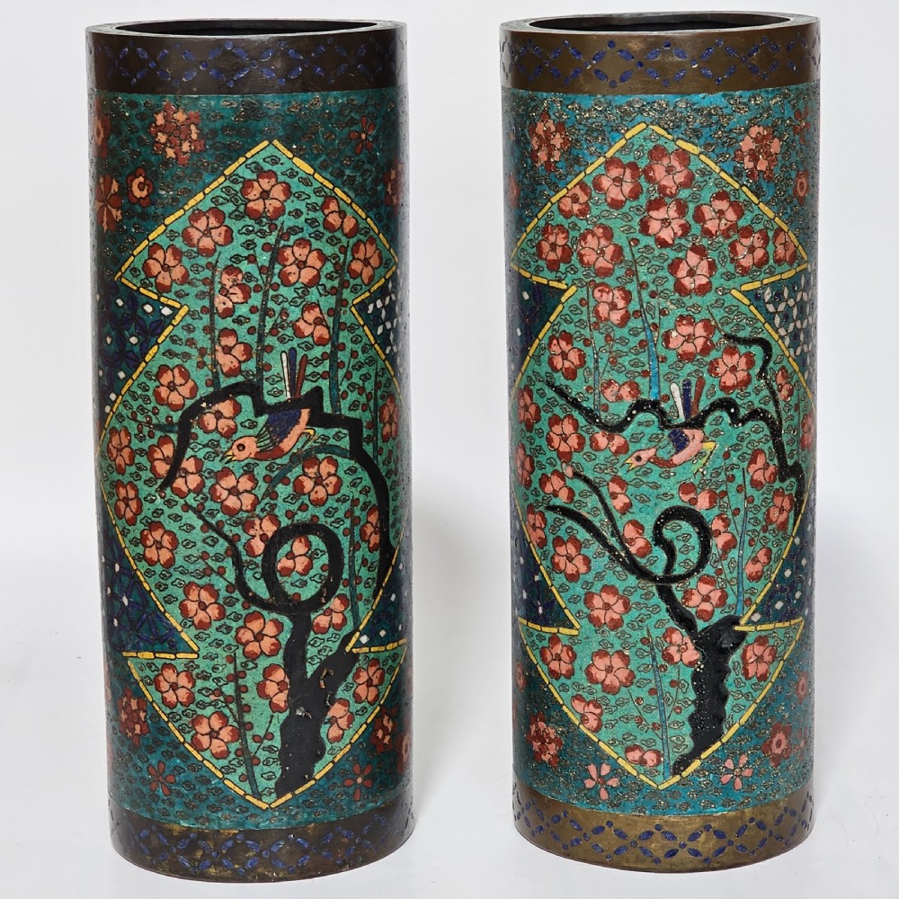 Fine Large Cylindrical Pair of Oriental Cloisonne Vases c1900 30.5cm