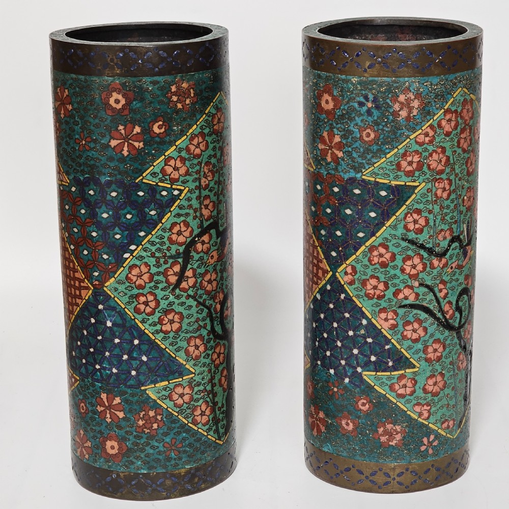 Fine Large Cylindrical Pair of Oriental Cloisonne Vases c1900 30.5cm View II