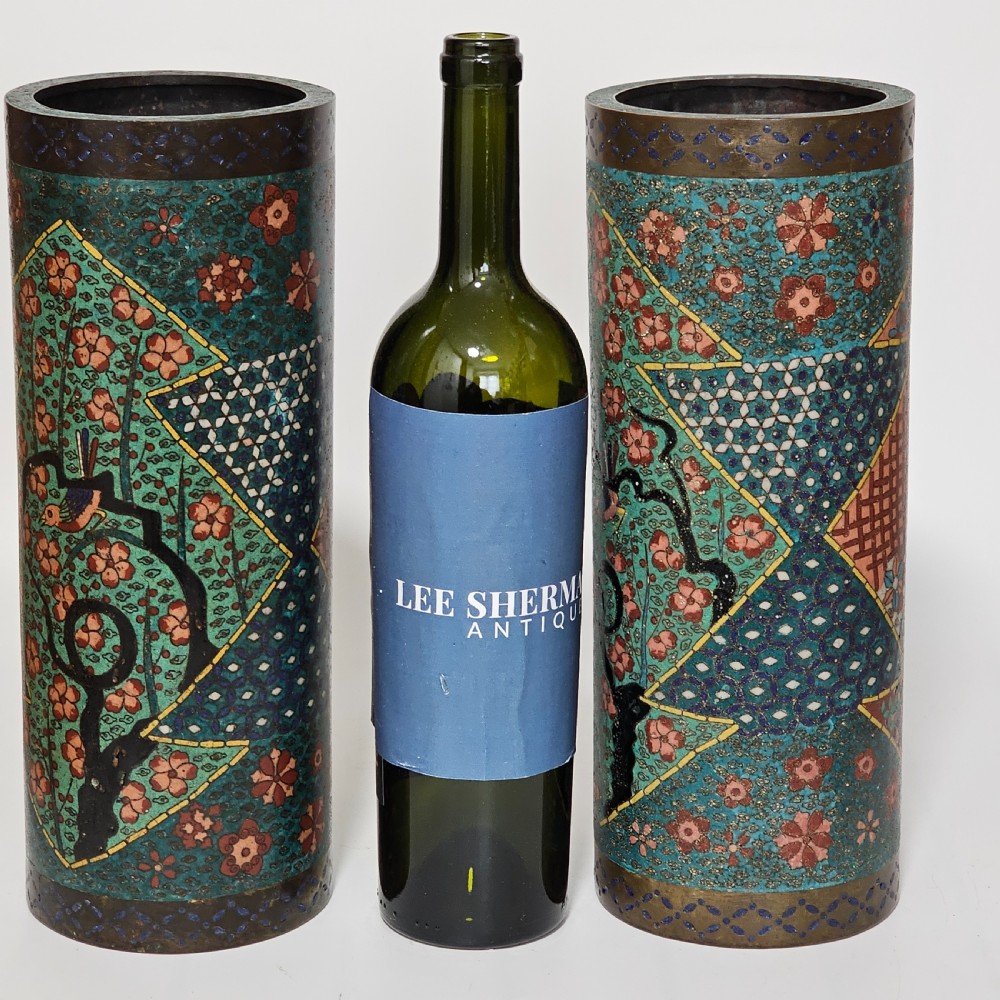 Fine Large Cylindrical Pair of Oriental Cloisonne Vases c1900 30.5cm View III