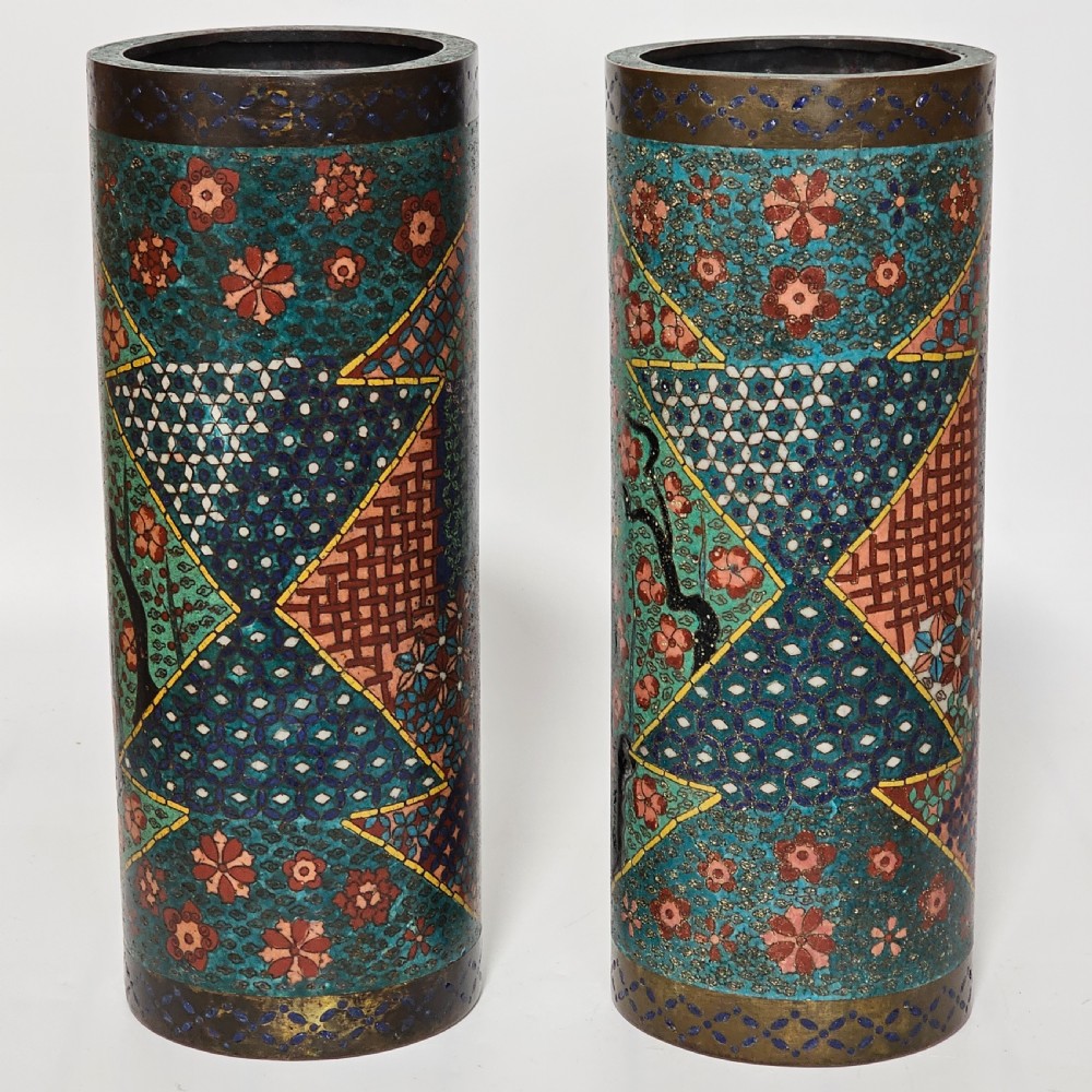 Fine Large Cylindrical Pair of Oriental Cloisonne Vases c1900 30.5cm View IV