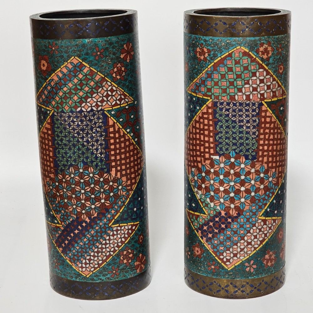 Fine Large Cylindrical Pair of Oriental Cloisonne Vases c1900 30.5cm View V