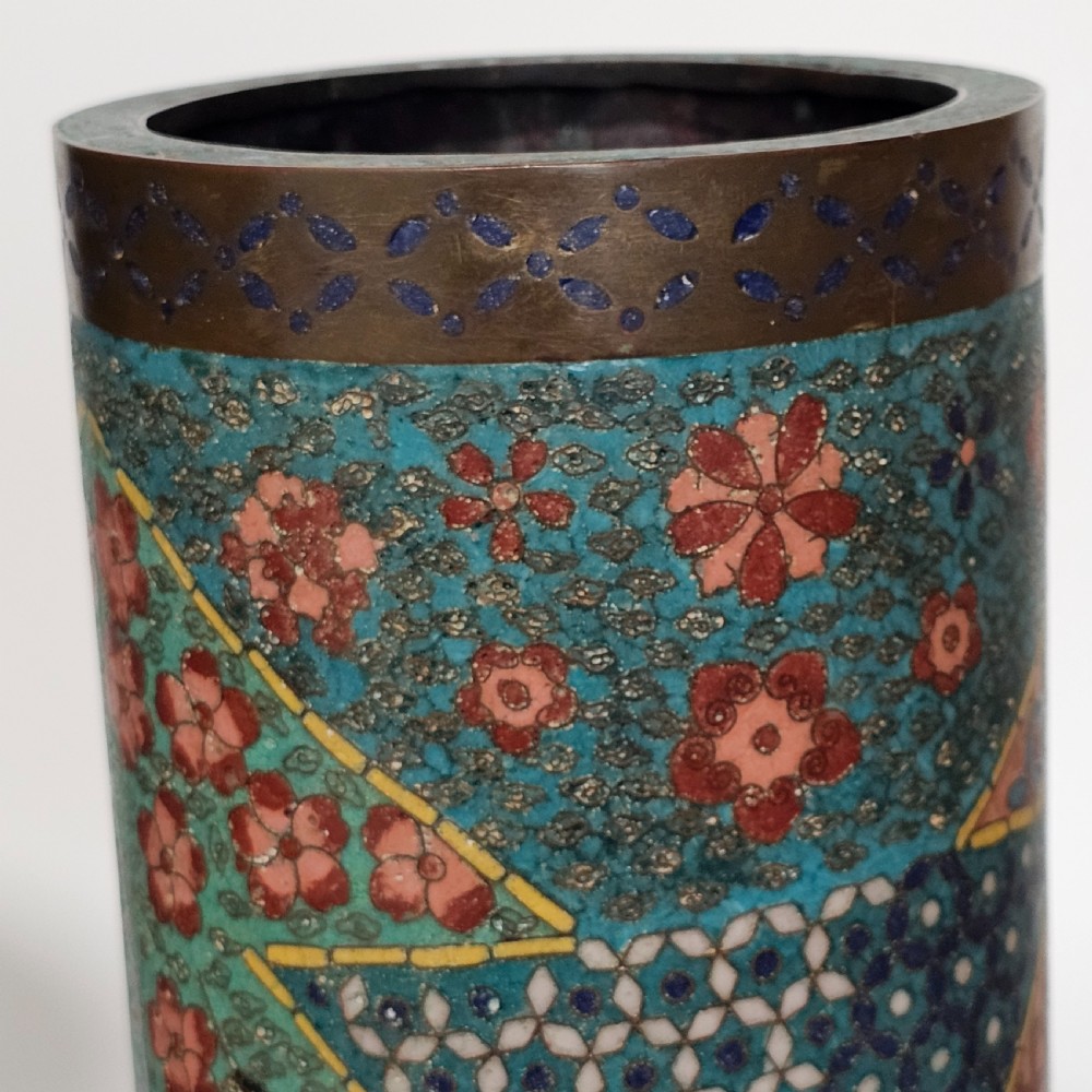 Fine Large Cylindrical Pair of Oriental Cloisonne Vases c1900 30.5cm View VII