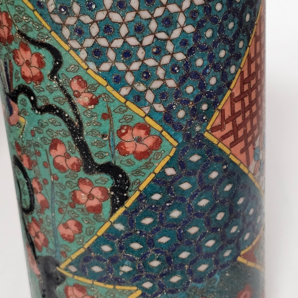 Fine Large Cylindrical Pair of Oriental Cloisonne Vases c1900 30.5cm View VIII