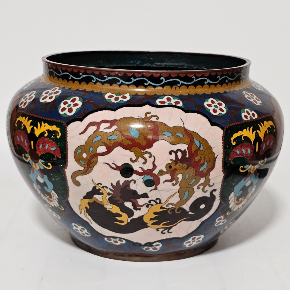 Large Vintage Chinese Cloisonne Jardinere - Serpent and Dragon Motif - Fancy Floral Border Design