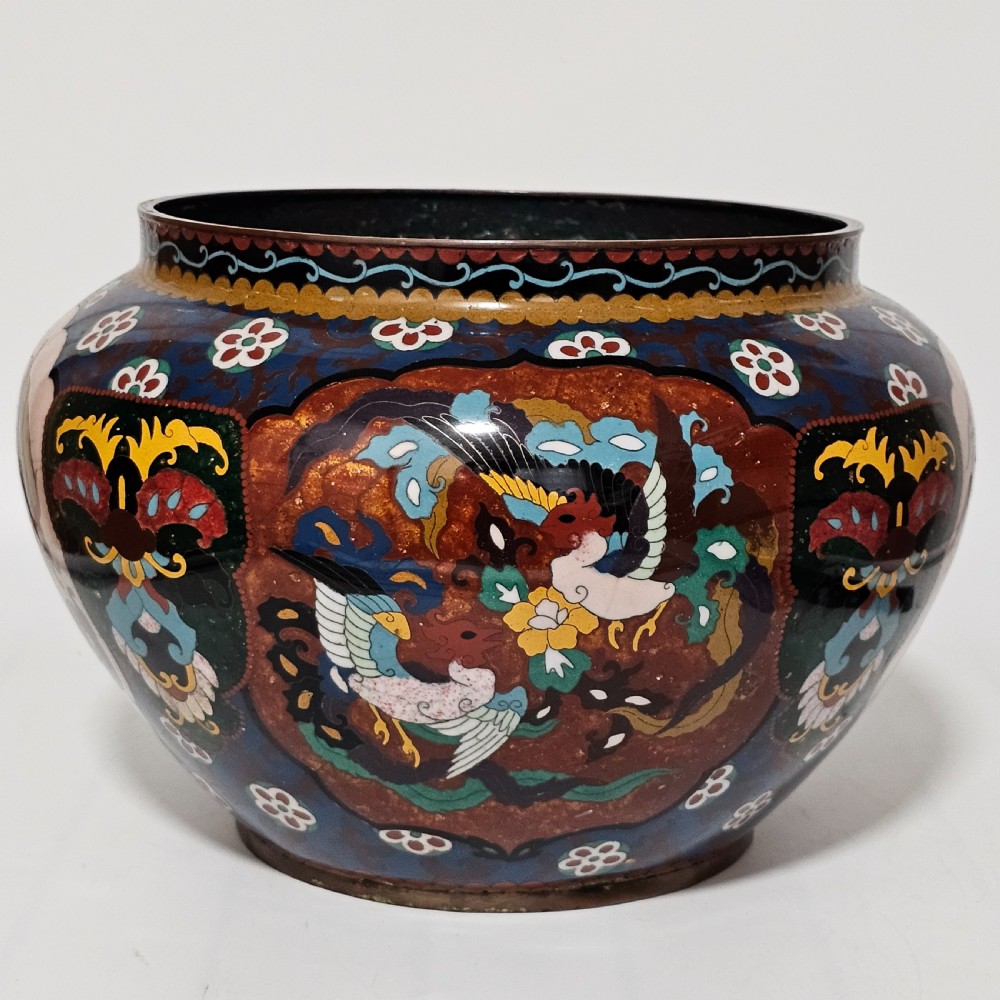 Large Vintage Chinese Cloisonne Jardinere - Serpent and Dragon Motif - Fancy Floral Border Design View II
