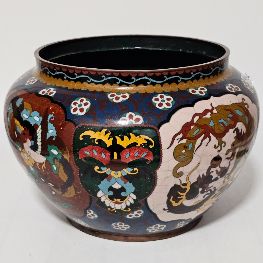 Large Vintage Chinese Cloisonne Jardinere - Serpent and Dragon Motif - Fancy Floral Border Design View III