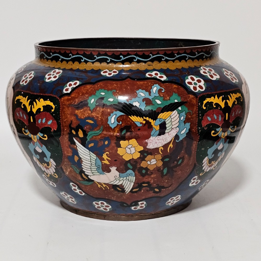 Large Vintage Chinese Cloisonne Jardinere - Serpent and Dragon Motif - Fancy Floral Border Design View IV