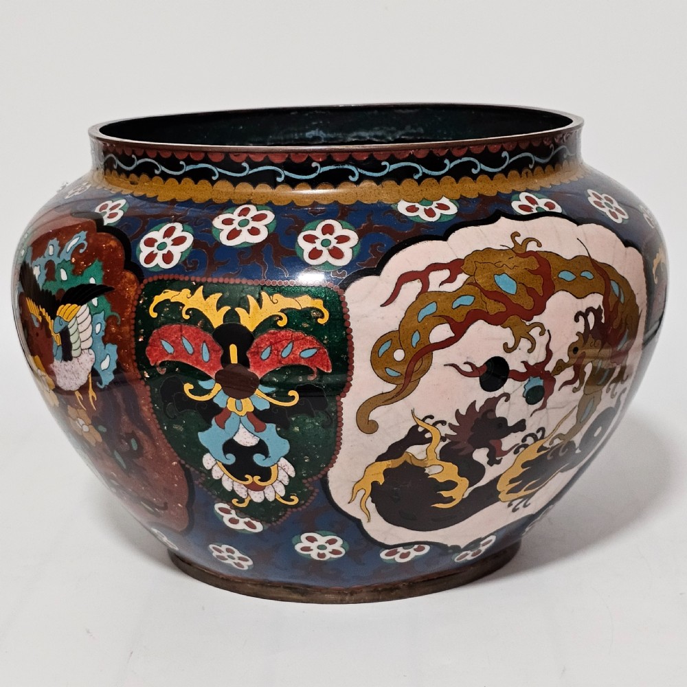 Large Vintage Chinese Cloisonne Jardinere - Serpent and Dragon Motif - Fancy Floral Border Design View V