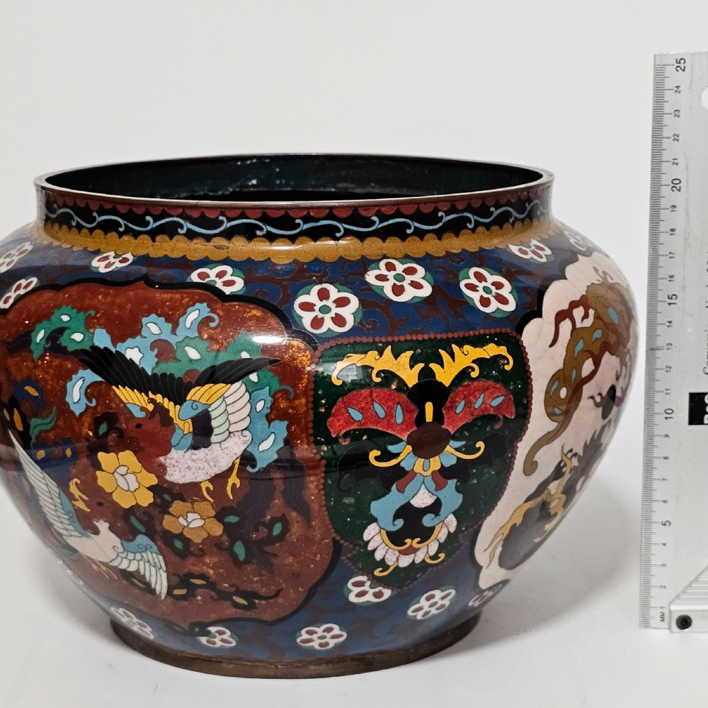 Large Vintage Chinese Cloisonne Jardinere - Serpent and Dragon Motif - Fancy Floral Border Design View VI