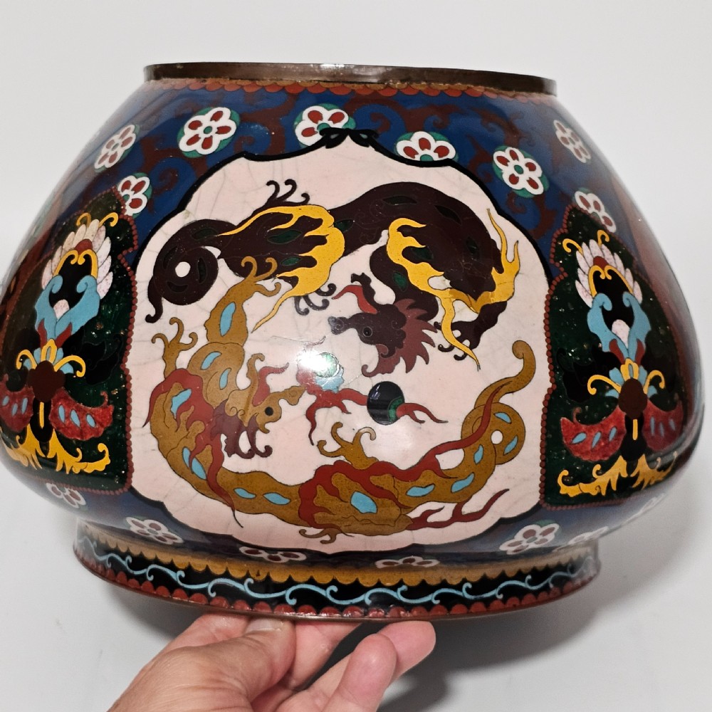 Large Vintage Chinese Cloisonne Jardinere - Serpent and Dragon Motif - Fancy Floral Border Design View VII