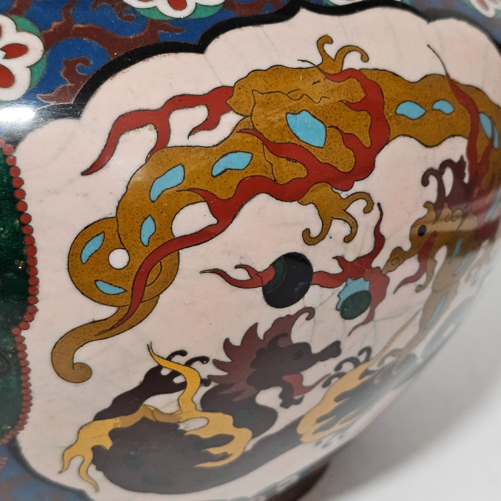 Large Vintage Chinese Cloisonne Jardinere - Serpent and Dragon Motif - Fancy Floral Border Design View VIII