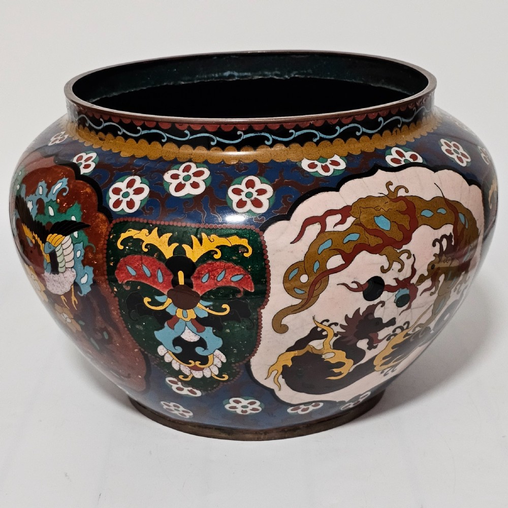 Large Vintage Chinese Cloisonne Jardinere - Serpent and Dragon Motif - Fancy Floral Border Design View IX