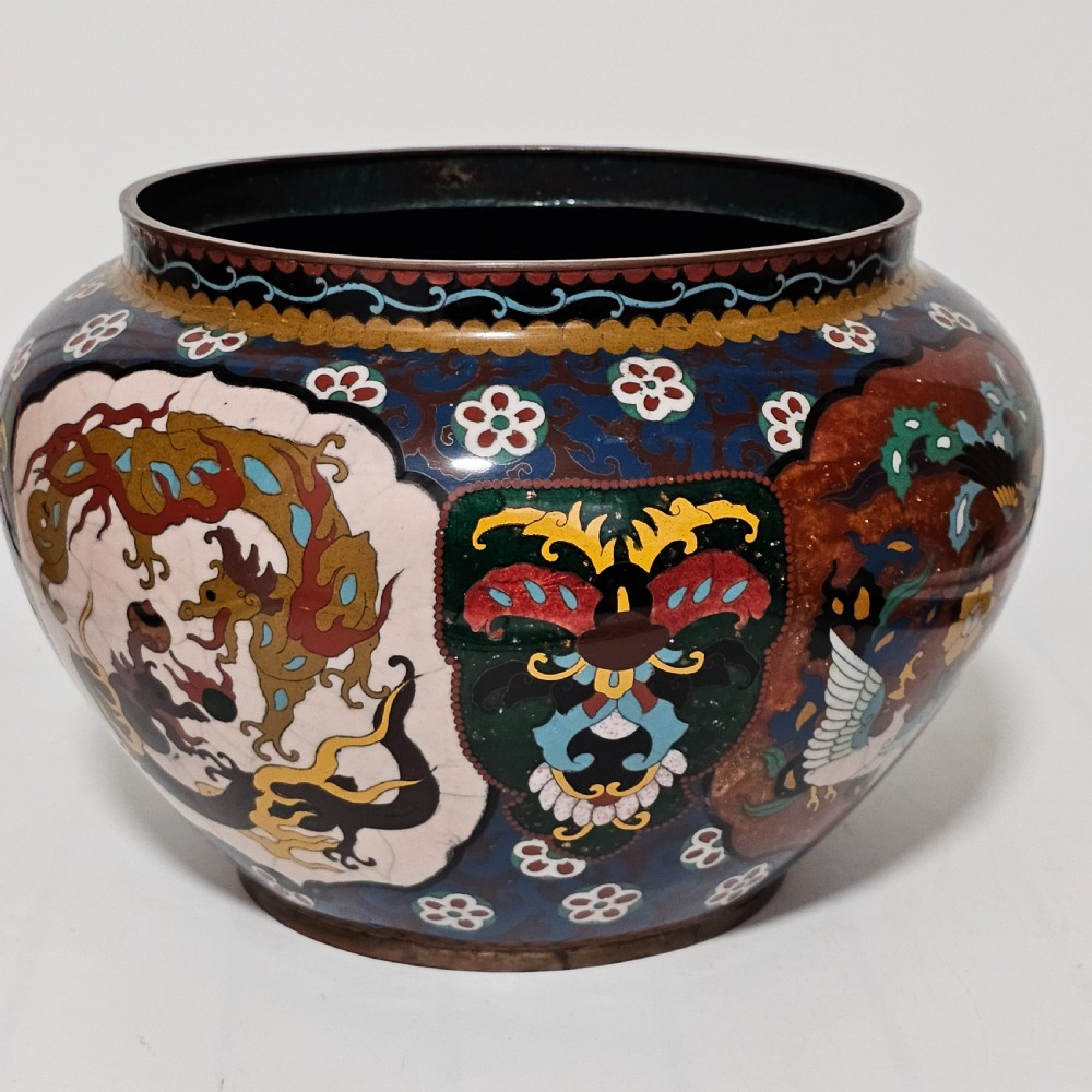 Large Vintage Chinese Cloisonne Jardinere - Serpent and Dragon Motif - Fancy Floral Border Design View X